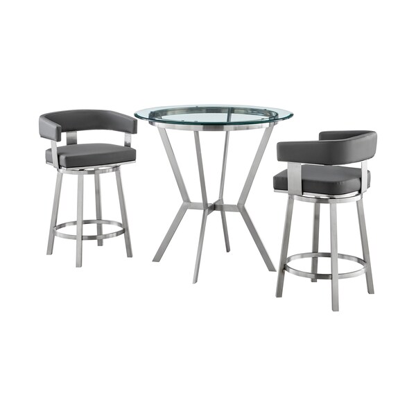 Armen Living Naomi and Lorin 3-Piece Counter Height Dining Set in Brushed Stainless Steel and Gray Faux Leather SETNMLRGRBS3 - main